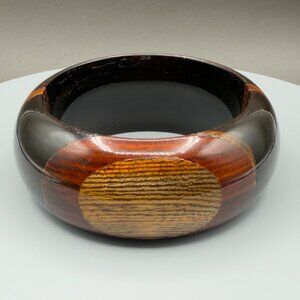 Vintage Wood Inlay Bangle Bracelet Wide 2" Geometric Dark Rosewood Light Color